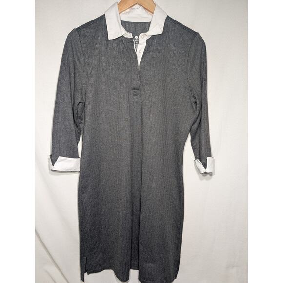Peach Womens Gray Harringbone Oxford Dress Sz M Roll Cuff Sleeve Collar academia - Picture 1 of 8